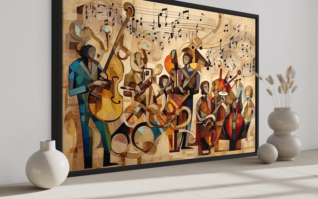 Abstract jazz orchestra framed canvas wall art with musicians in bold, geometric shapes and colors.