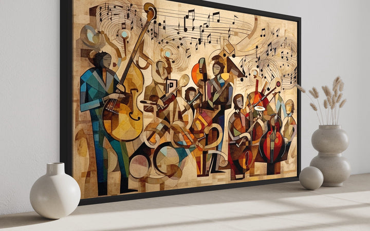 Abstract jazz orchestra framed canvas wall art with musicians in bold, geometric shapes and colors.