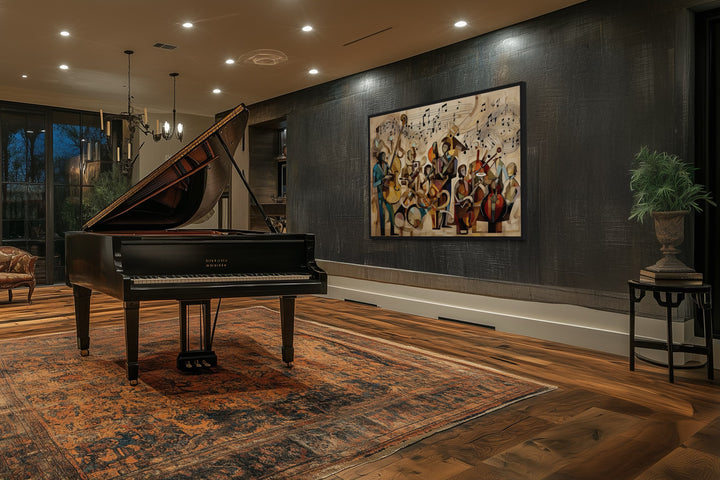 Abstract Jazz Orchestra Music Framed Canvas Wall Art hanging in a room with a grand piano.