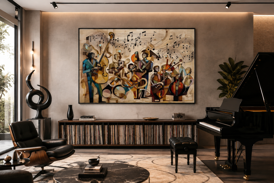 Abstract jazz orchestra framed canvas wall art featuring musicians and musical notes in a room.