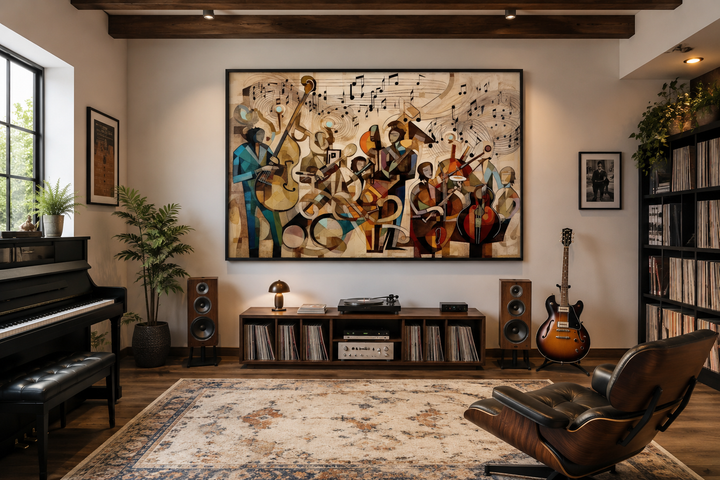 Abstract jazz orchestra framed canvas wall art in a modern music room with a piano and turntable.
