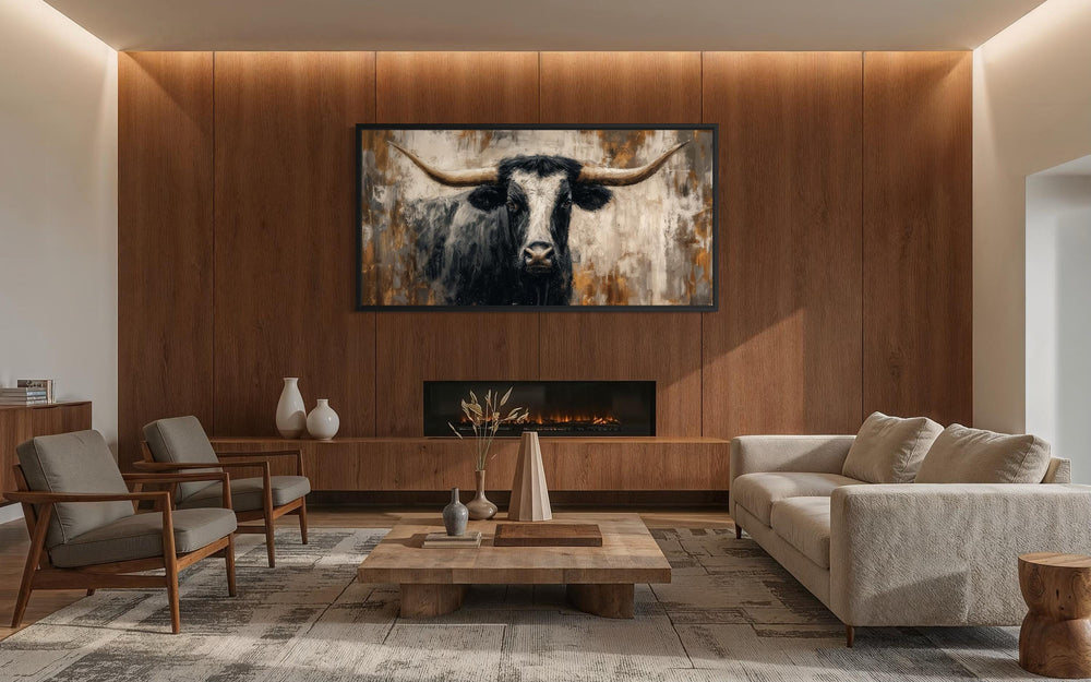 Abstract longhorn bull canvas wall art in a modern industrial living room above a fireplace.