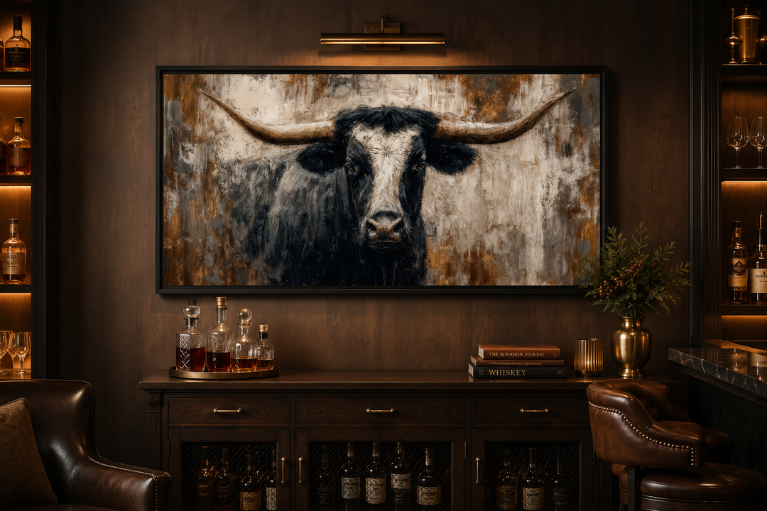 Abstract longhorn bull canvas wall art in a modern industrial office with dark wood and leather.