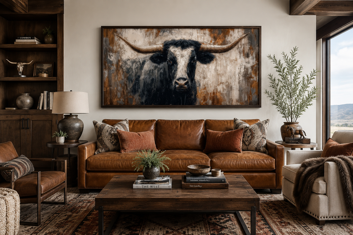 Abstract longhorn bull canvas wall art in a modern industrial living room above a leather sofa.