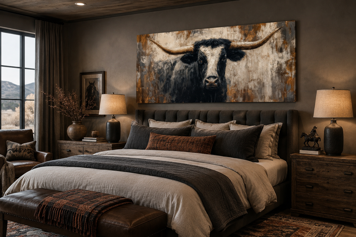 Abstract longhorn bull canvas wall art above a bed in a modern industrial style bedroom.