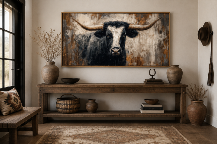 Abstract Longhorn Bull canvas wall art in a modern industrial living room with rustic decor.