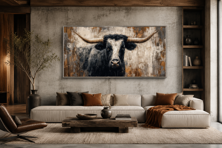 Abstract longhorn bull canvas wall art in a modern industrial living room with neutral earth tones.