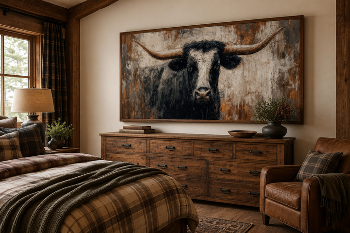 Abstract longhorn bull canvas wall art in a rustic bedroom with wood furniture and leather chair.