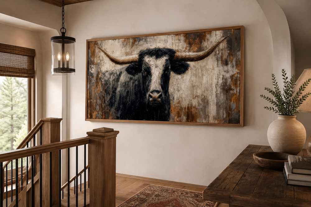 Abstract longhorn bull canvas wall art in a modern industrial room with rustic wood accents.