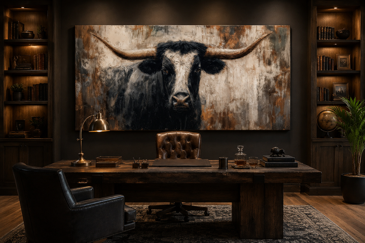 Abstract longhorn bull canvas wall art in a modern industrial office with a dark wood desk.