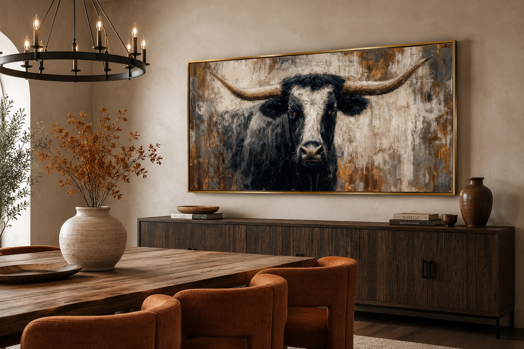 Abstract longhorn bull canvas wall art in a modern industrial dining room with earthy tones.