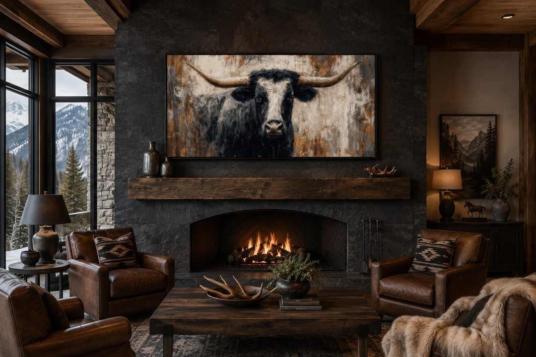 Abstract longhorn bull canvas wall art above a fireplace in a modern industrial living room.