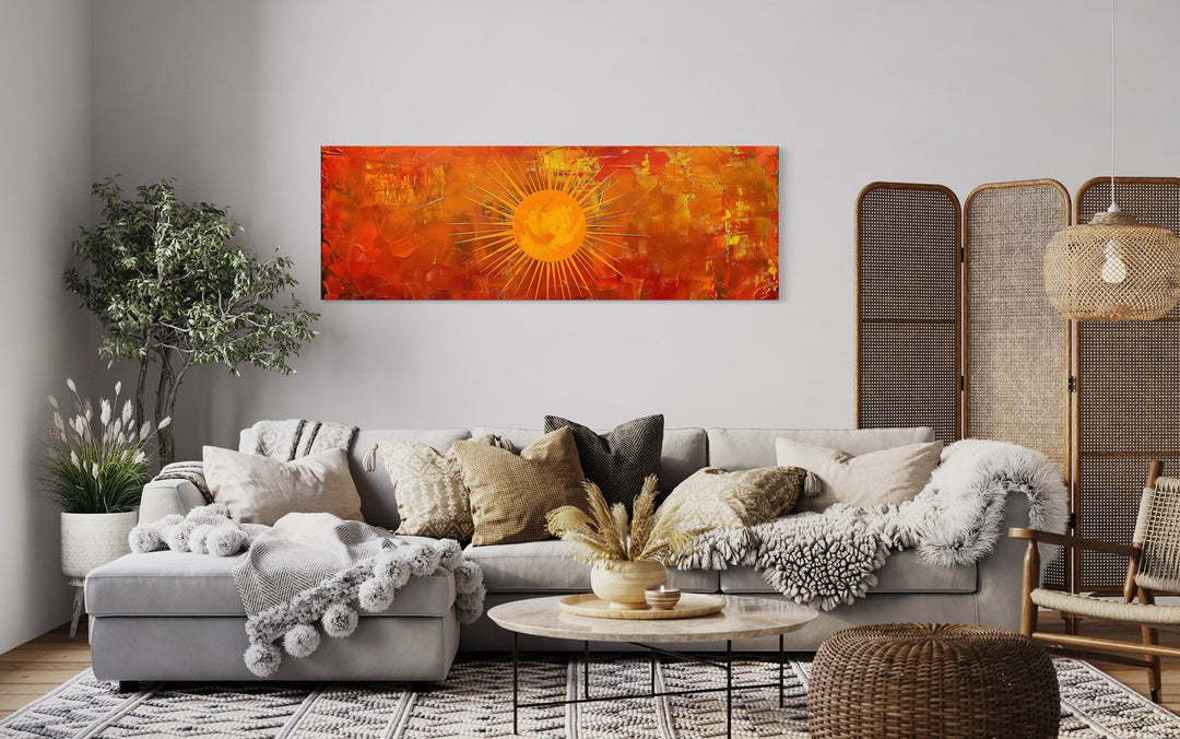 Abstract Mid Century Modern Boho Orange Sun Panoramic Wall Art