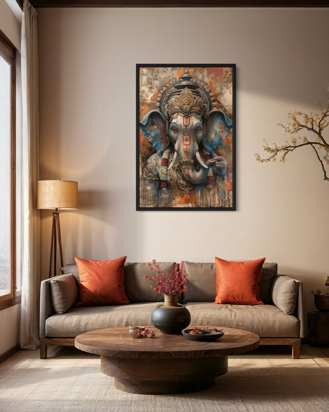 Abstract Modern Distressed Lord Ganesha Framed Canvas Wall Art