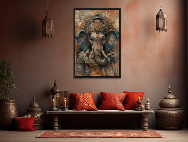 Abstract Modern Distressed Lord Ganesha Framed Canvas Wall Art