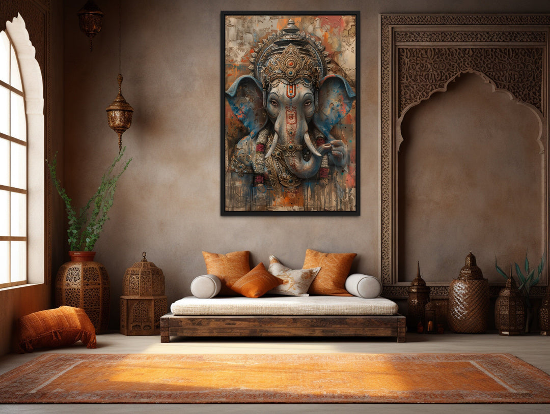 Abstract Modern Distressed Lord Ganesha Framed Canvas Wall Art