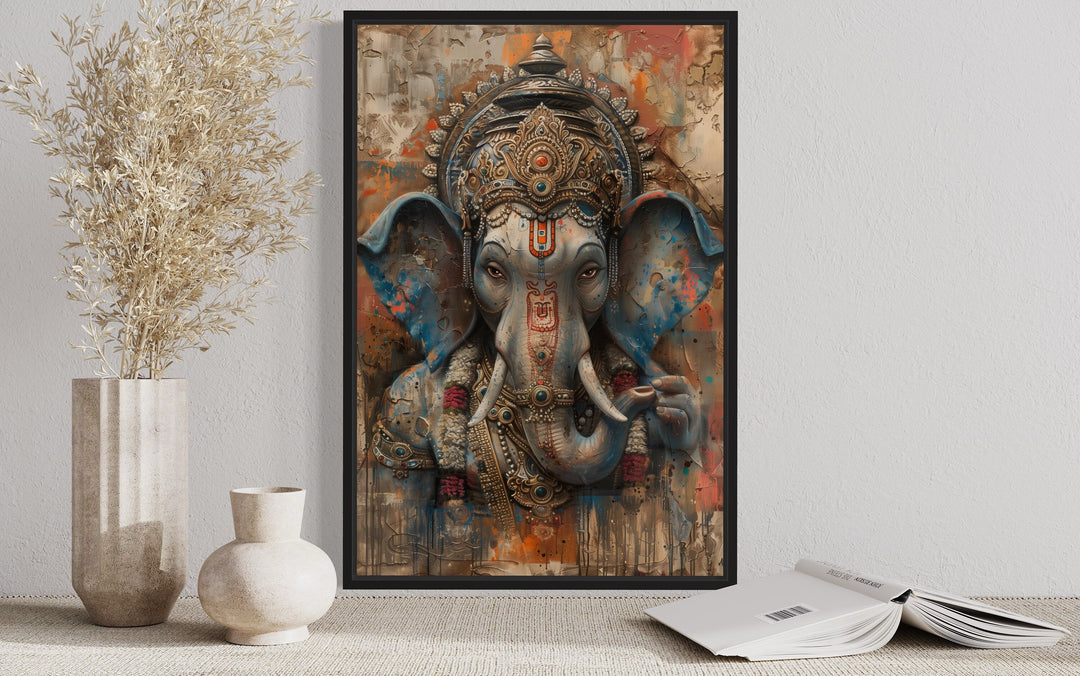 Abstract Modern Distressed Lord Ganesha Framed Canvas Wall Art