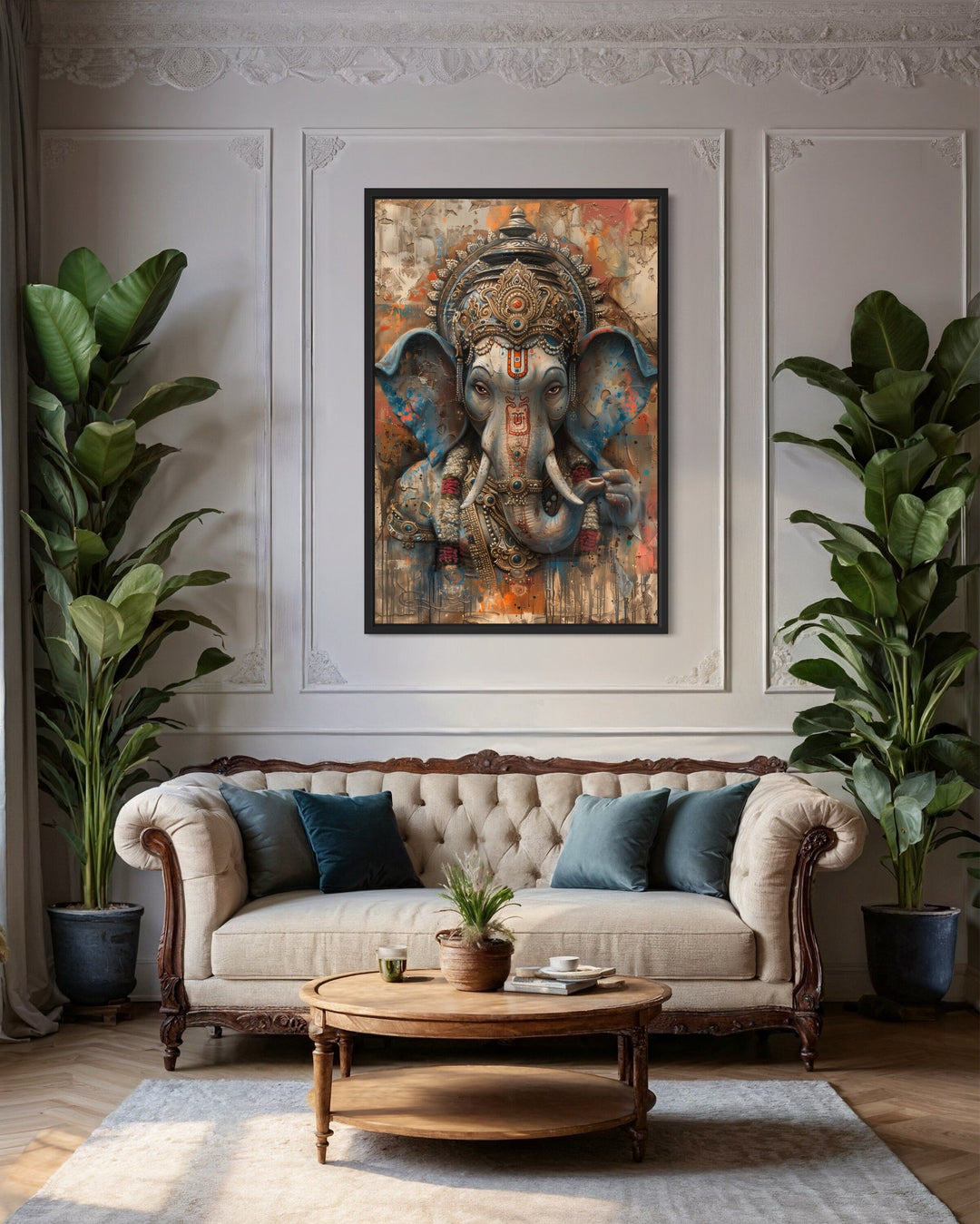 Abstract Modern Distressed Lord Ganesha Framed Canvas Wall Art