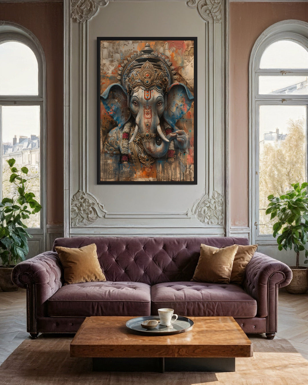 Abstract Modern Distressed Lord Ganesha Framed Canvas Wall Art-Wall Decor Delights