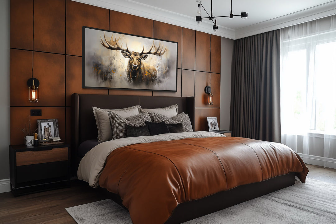 Extra large framed abstract moose canvas print hanging above a bed in a rustic cabin bedroom.