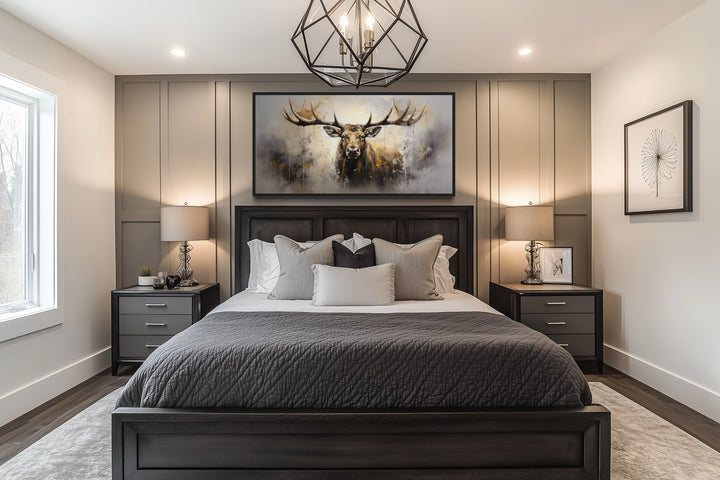 Extra large framed abstract moose canvas print centered above a bed in a rustic bedroom.