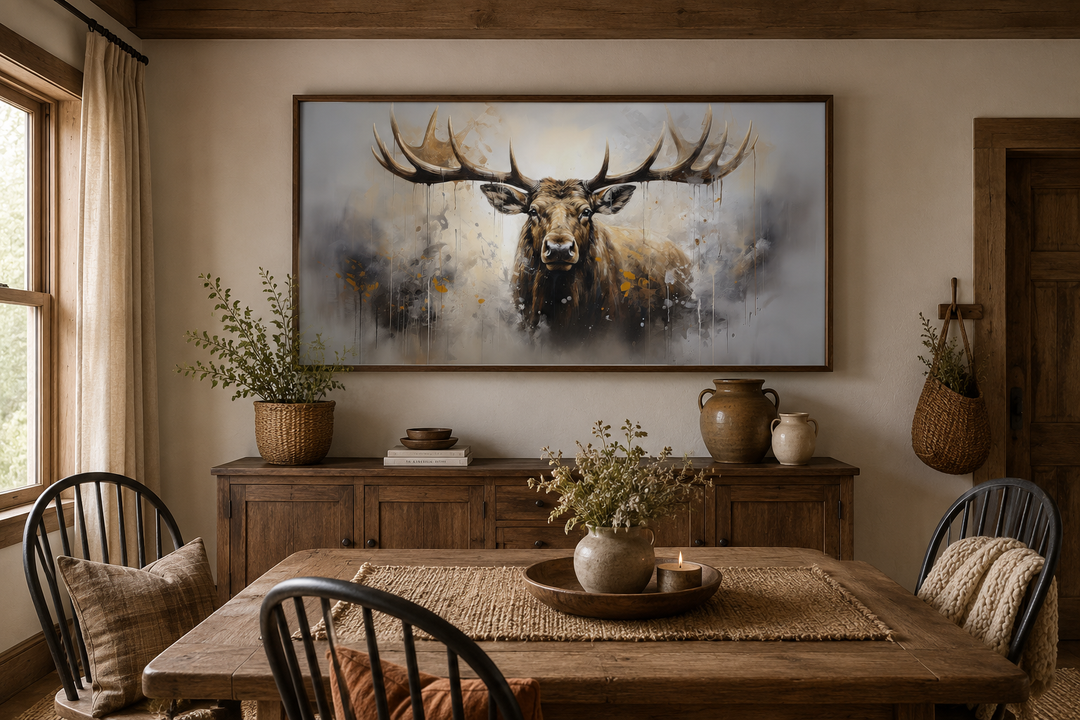 Extra large framed abstract moose canvas print in a rustic dining room above a wooden sideboard.
