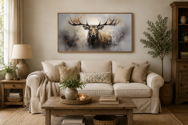 Extra large framed abstract moose canvas print in a rustic living room setting.
