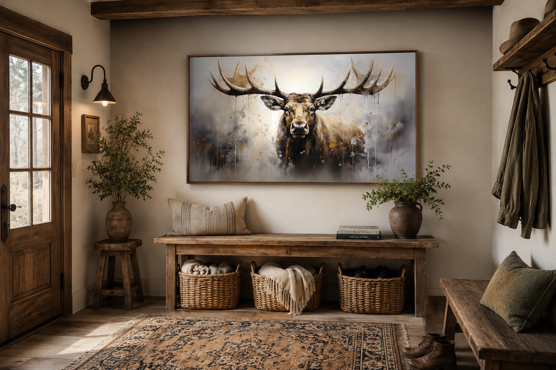 Extra large framed abstract moose canvas print in a rustic cabin entryway above a wooden bench.