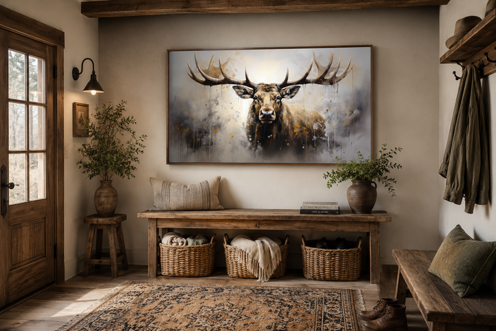 Extra large framed abstract moose canvas print in a rustic cabin entryway above a wooden bench.
