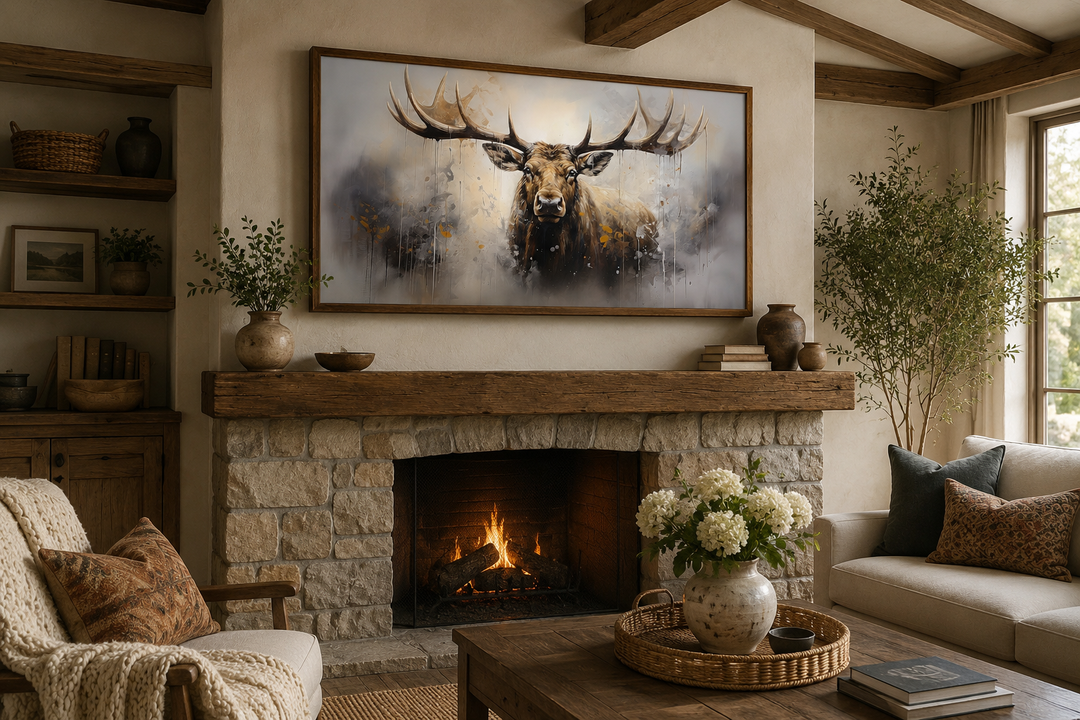 Extra large framed abstract moose canvas print hanging above a rustic stone fireplace in a cabin.