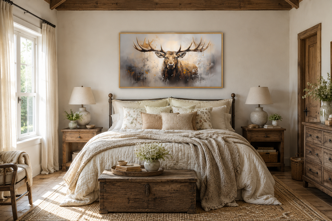 Extra large framed abstract moose canvas print hanging above a bed in a rustic cabin bedroom.
