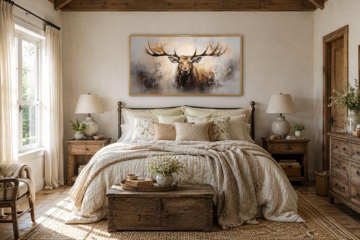 Extra large framed abstract moose canvas print hanging above a bed in a rustic cabin bedroom.