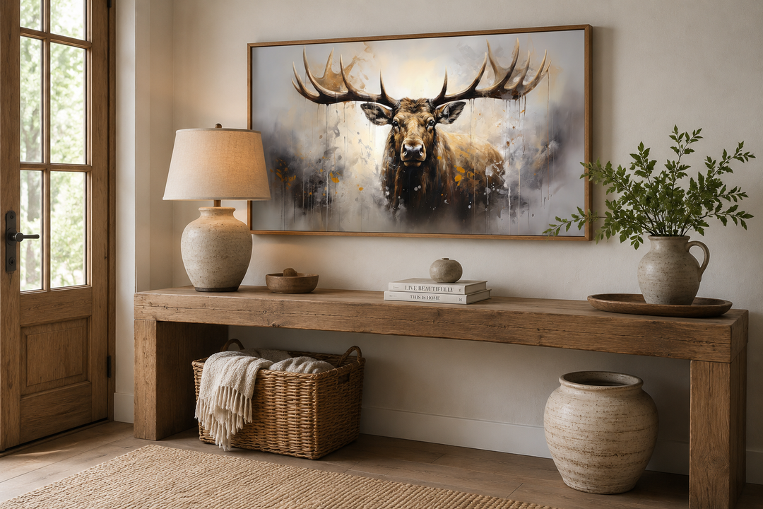 Extra large framed abstract moose canvas print hanging above a wooden console table in a rustic room.