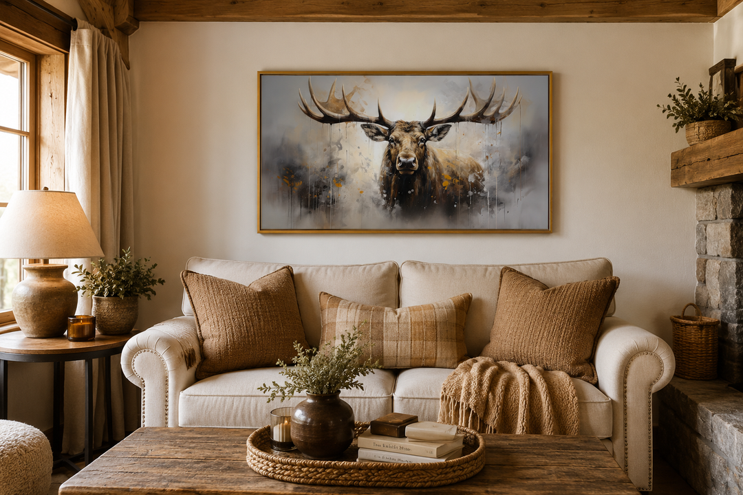 Extra large framed abstract moose canvas print hanging above a sofa in a rustic cabin living room.