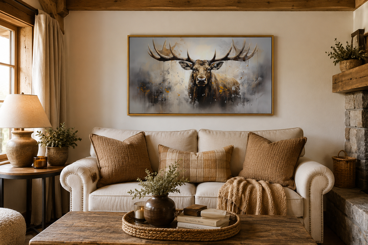 Extra large framed abstract moose canvas print hanging above a sofa in a rustic cabin living room.