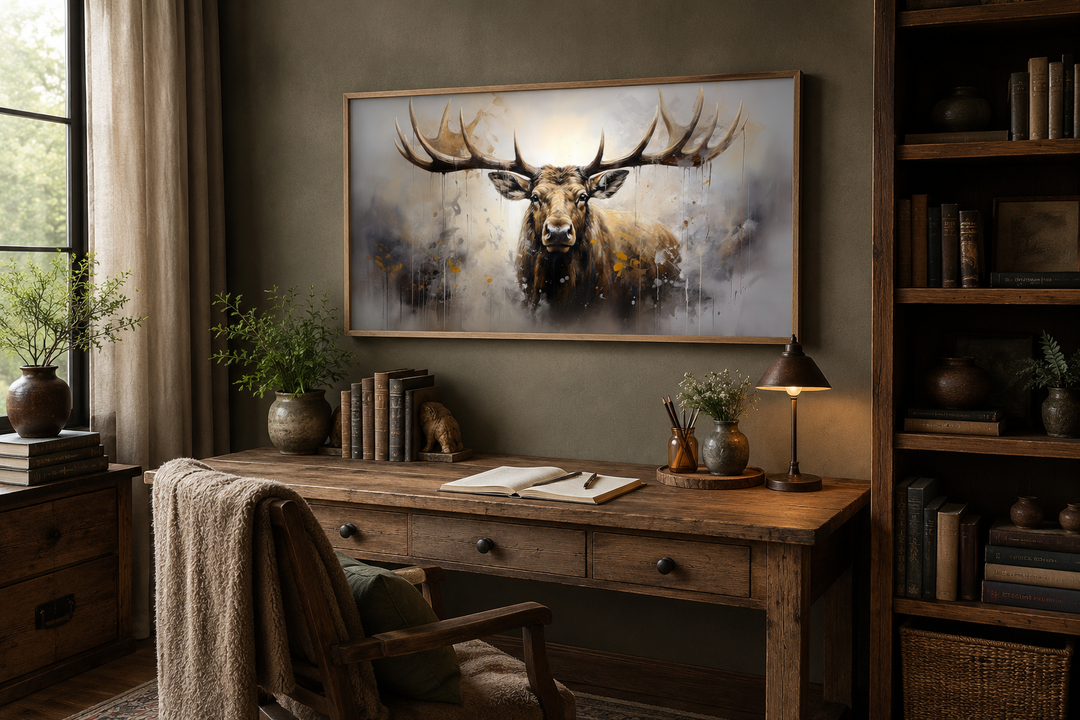 Extra large framed abstract moose canvas print hanging above a rustic wooden desk in a cabin office.