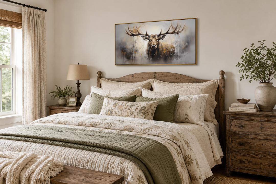 Extra large framed abstract moose canvas print hanging above a bed in a rustic cabin-style bedroom.