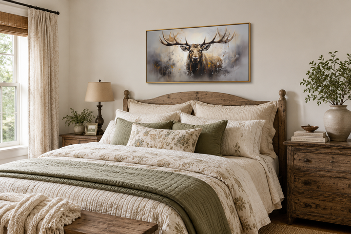Extra large framed abstract moose canvas print hanging above a bed in a rustic cabin-style bedroom.