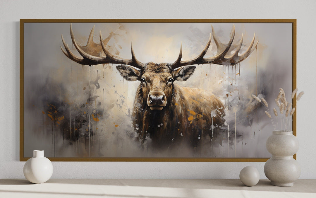 Extra large framed abstract moose canvas print with earthy tones and rustic cabin style.