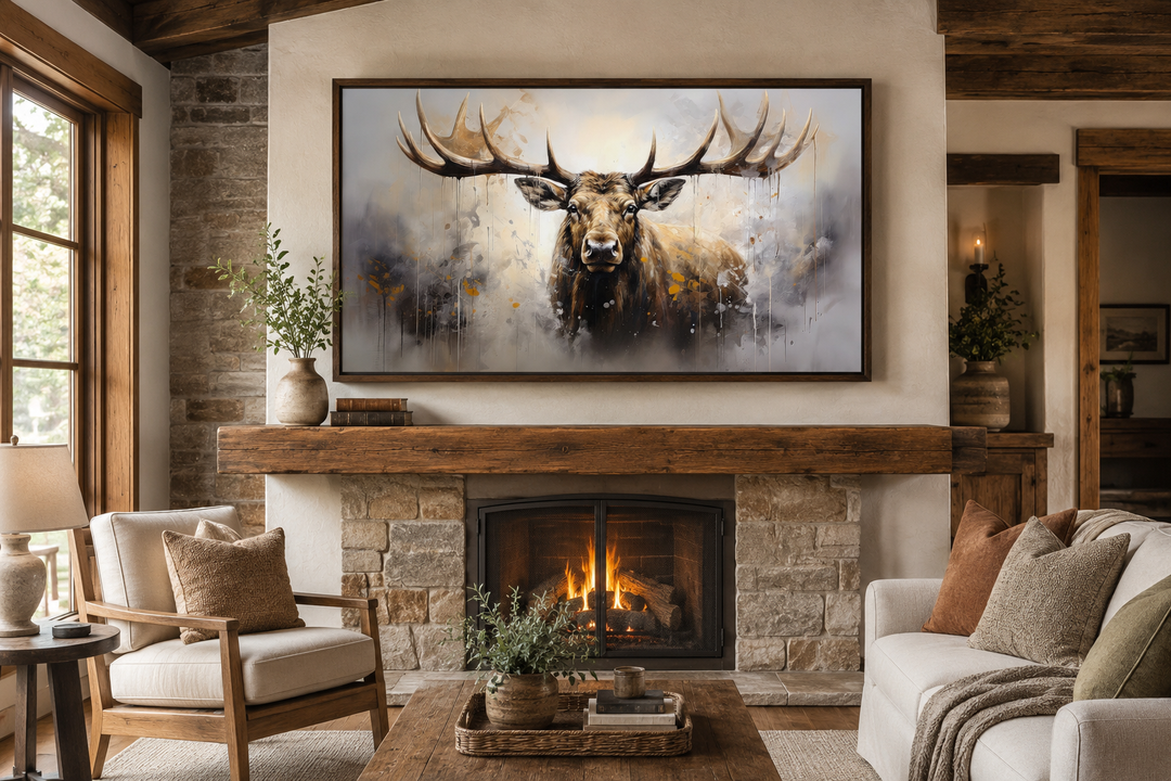Extra large framed abstract moose canvas print hanging above a rustic stone fireplace in a cabin.