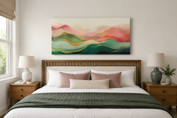 Abstract mountain landscape canvas print in blush pink and green above a bed with matching pillows.