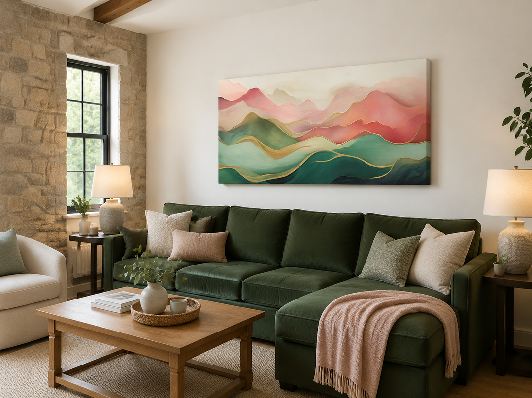 Abstract mountain wall art with blush pink and green palette on a white wall above a green sofa.
