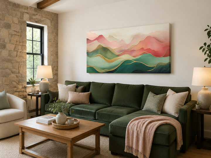 Abstract mountain wall art with blush pink and green palette on a white wall above a green sofa.