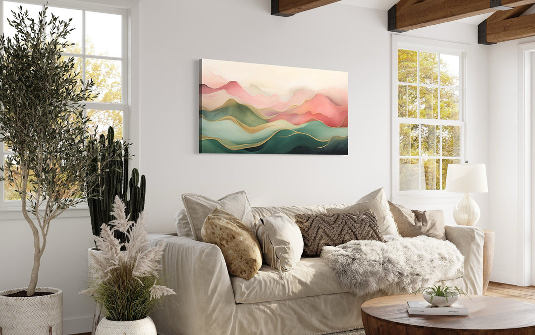 Abstract Mountain Wall Art - Framed Canvas Print With Soft Blush Pink Green Palette