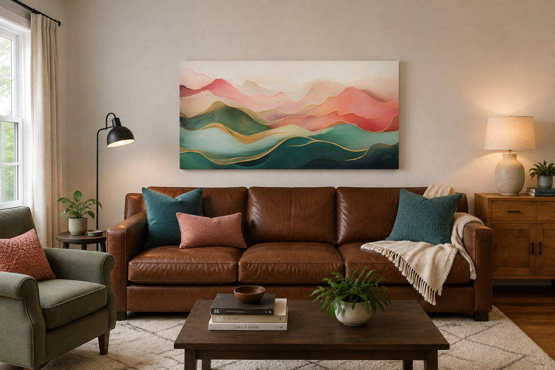 Abstract mountain canvas wall art with blush pink and green palette above a brown leather sofa.