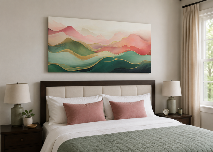 Abstract mountain wall art with blush pink and green palette framed above a bed.