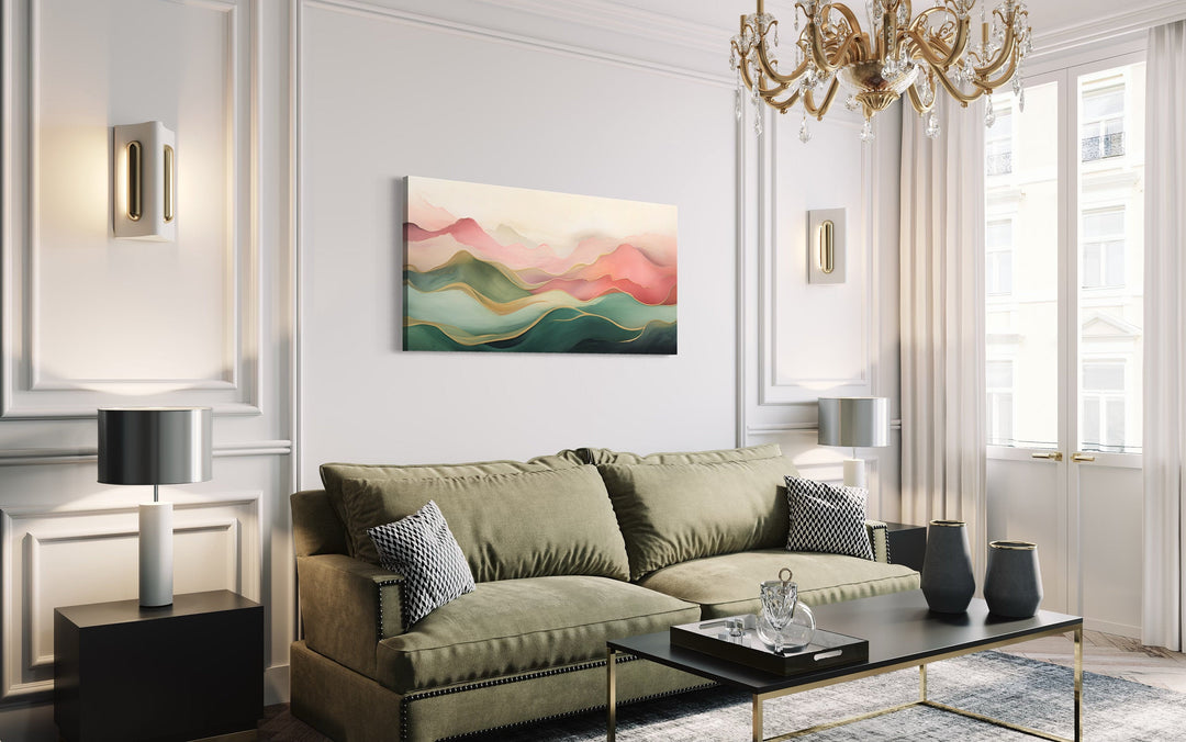 Abstract Mountain Wall Art - Framed Canvas Print With Soft Blush Pink Green Palette