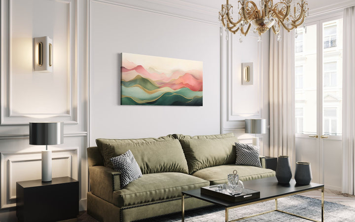 Abstract Mountain Wall Art - Framed Canvas Print With Soft Blush Pink Green Palette