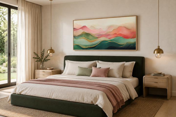 Framed abstract mountain canvas print with blush pink and green palette above a dark green bed.