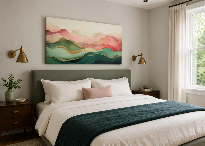 Abstract mountain canvas wall art with blush pink and green palette above a bed in a bedroom.